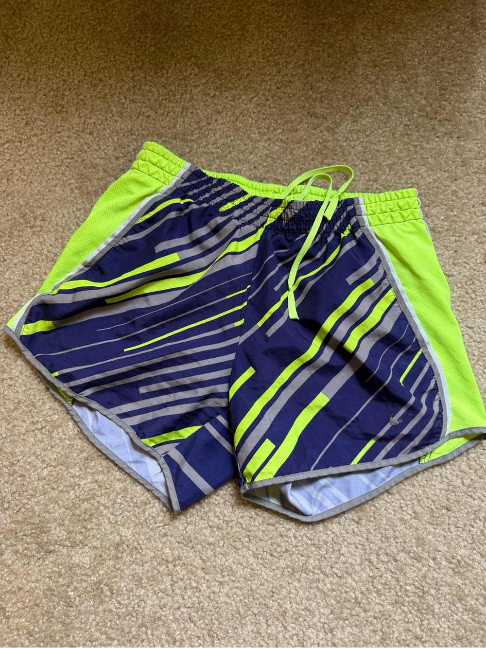 Nike Women's Navy and Neon Yellow Dry Fit Athletic Shorts